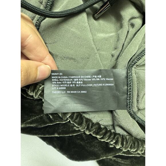 Theory Drawstring Velvet Pullover Long Sleeve Top Hunter Green Small Holiday - Picture 10 of 11